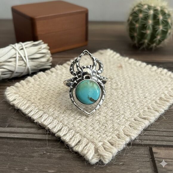 Round Turquoise Spider Boho Ring Sterling Silver Southwestern Sz 8 - Picture 2 of 7